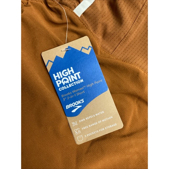 Size S- Brooks Women's High Point 3" 2-in-1 Shorts, Hazelwood/Ochre/Fuchsia. - Picture 2 of 10